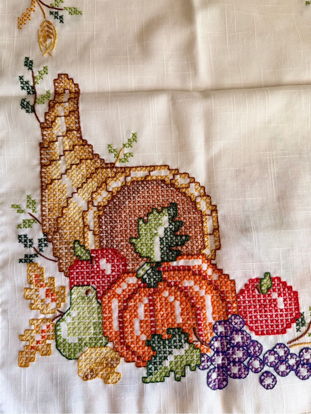 Vintage Cross Stitch Cornucopia Table Runner Thanksgiving Fall Harvest
